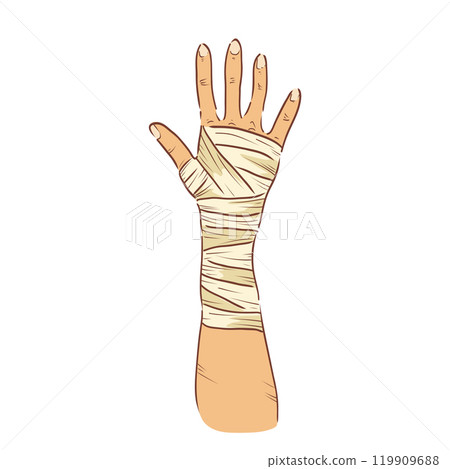 Bandaged wrist in flat design. Injured hand palm with bandage compression. Vector illustration isolated. 119909688
