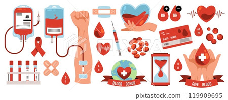 Blood donation elements. Cartoon donor objects, hand with dropper, heart rate, test tubes, syringes with needles, blood cells, humanitarian help and charity symbols, tidy vector donating set Blood donation elements. Cartoon donor objects, hand with dropper, heart rate, test tubes, syringes with needles, blood cells, humanitarian help and charity symbols, tidy vector donating set 119909695