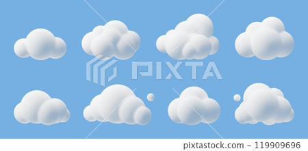 Cartoon 3d clouds. Cumulus bubbled clouds in kids style, white fluffy render objects, rounded geometric cloudy shapes, cute weather element, meteorology icons, cloudscape isolated vector set Cartoon 3d clouds. Cumulus bubbled clouds in kids style, white fluffy render objects, rounded geometric cloudy shapes, cute weather element, meteorology icons, cloudscape isolated vector set 119909696
