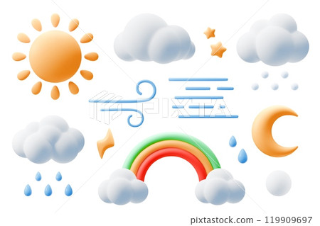 Cartoon 3d weather icons. Cute sun, moon and stars, clouds and rainbow in plasticine kids style. Crescent and wind symbol. Three dimensional clay shapes, forecast sign. Vector isolated set Cartoon 3d weather icons. Cute sun, moon and stars, clouds and rainbow in plasticine kids style. Crescent and wind symbol. Three dimensional clay shapes, forecast sign. Vector isolated set 119909697