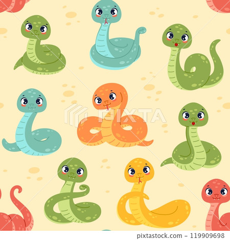 Cartoon funny snakes seamless pattern. Cute tropical animals, exotic jungle serpents, mascots, repeated nature creatures. Decor textile, wrapping, wallpaper. Print for fabric. Vector background 119909698