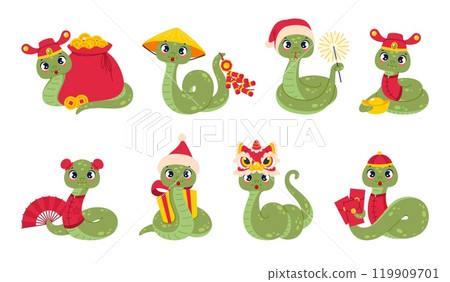 Chinese zodiac snakes. New year celebration zodiac mascots, funny cartoon festive characters, 2025 holiday symbol, cute asian horoscope animals in traditional clothes, isolated vector set 119909701