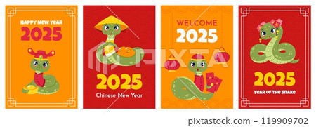 Cute snakes greeting cards. Happy 2025 new year celebration, funny animals, chinese horoscope traditional symbols, asian zodiac cartoon characters, festive posters. Vertical banners, vector set 119909702