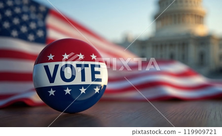 Vote election badge, Freedom Democracy Concept, american flag, blurred background, U.S. Capitol, vote USA 2024, election place 119909721