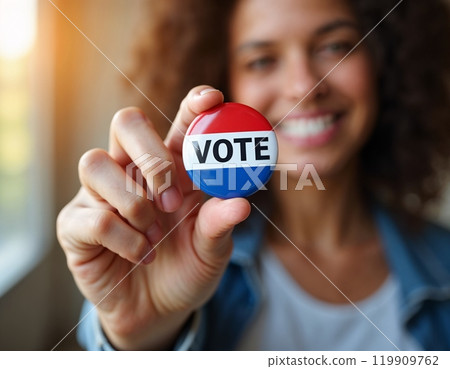 Election United States, hand dropping vote, ballot box, Voter Holds Envelope, putting paper ballots, election day, american flag, election place, Background With Copy-Space 119909762
