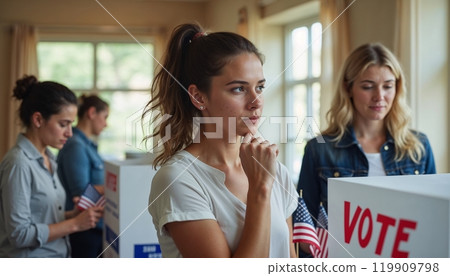 people voting, election place, polling station, Voting box, ballot papers, Freedom Democracy Concept, vote ballot, Background With Copy-Space, USA flags blurred background, Democratic election, 119909798