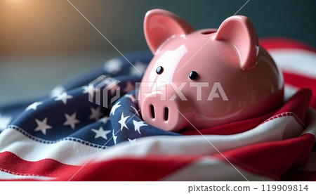 American economic crisis, piggy bank, american flag, saving money, american deposit, Pink piggy 119909814
