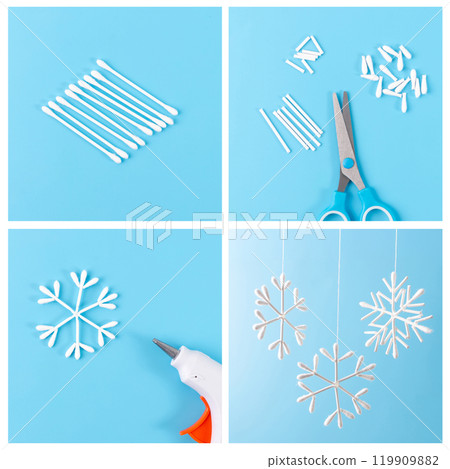 Step-by-step collage of handmade snowflake ornaments crafted from cotton swabs with scissors and hot glue gun on a blue background. DIY Christmas and winter holiday craft tutorial concept Step-by-step collage of handmade snowflake ornaments crafted from cotton swabs with scissors and hot glue gun on a blue background. DIY Christmas and winter holiday craft tutorial concept 119909882