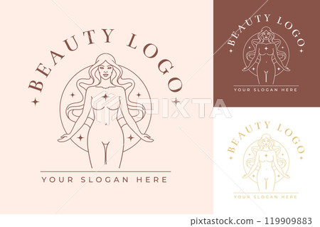 Beautiful woman with long hair logo. Elegant female face and naked body monochrome hand drawn magical emblem. Beautiful woman with long hair logo. Elegant female face and naked body monochrome hand drawn magical emblem. 119909883
