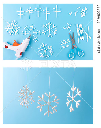 Step-by-step collage showing DIY cotton swab snowflake ornaments with hot glue gun and scissors 119909885