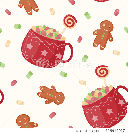 Seamless pattern. Festive cute mugs with cocoa, marshmallows and caramel. Gingerbread. Cozy drink. Vector illustration in a flat style. 119910017