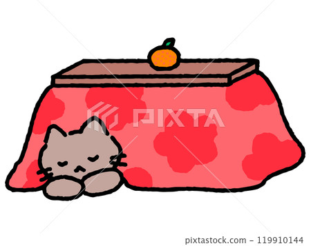 Hand-drawn illustration of a cat curled up in a kotatsu 119910144