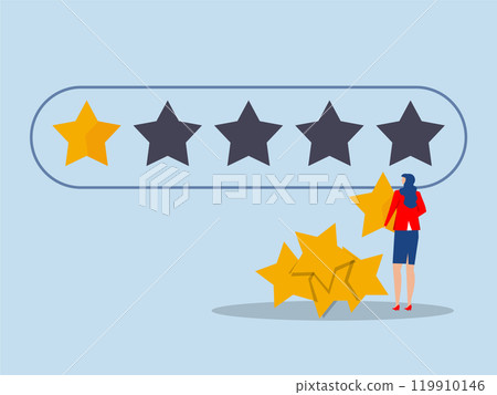 Businessman holding star to put on best rating 5 stars rating review high quality and good feedback or credit score, evaluation rank concept vector illustrator. Businessman holding star to put on best rating 5 stars rating review high quality and good feedback or credit score, evaluation rank concept vector illustrator. 119910146