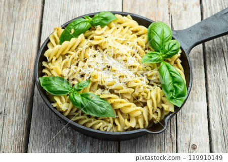 Pasta with basil sauce pesto . Italian food photography . Top view 119910149