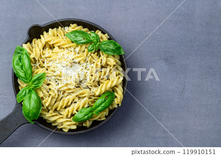 Pasta with basil sauce pesto . Italian food photography . Top view Pasta with basil sauce pesto . Italian food photography . Top view 119910151