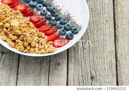 Healthy breakfast . Yogurt with berries ( strawberry , raspberry , blueberry , blackberry ) , granola and chia seeds . Top view Healthy breakfast . Yogurt with berries ( strawberry , raspberry , blueberry , blackberry ) , granola and chia seeds . Top view 119910212