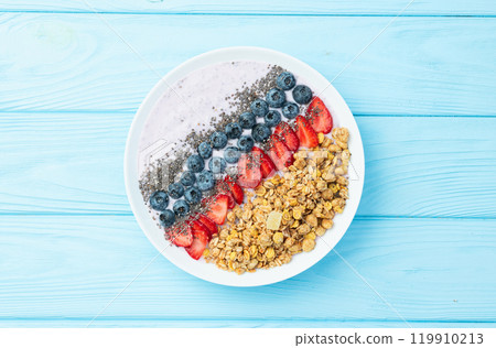 Healthy breakfast . Yogurt with berries ( strawberry , raspberry , blueberry , blackberry ) , granola and chia seeds . Top view 119910213