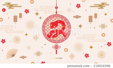 Chinese New Year 2024, Year of the Dragon, zodiac. Banner template for Chinese New Year design with medallion and traditional patterns. Minimalistic style. Vector Chinese New Year 2024, Year of the Dragon, zodiac. Banner template for Chinese New Year design with medallion and traditional patterns. Minimalistic style. Vector 119910306