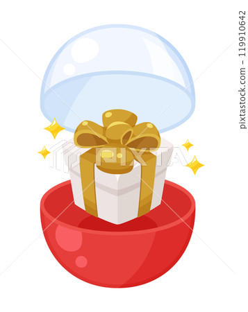 An illustration of a capsule toy capsule opening to reveal a gift box 119910642
