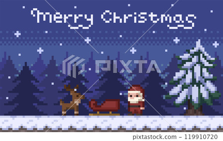 A pixelated illustration of Santa Claus and a reindeer standing in a snowy forest on a Christmas night 119910720