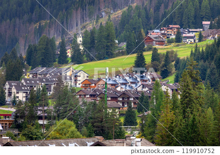 summer in Fassa valley and Canazei village, Italy 119910752