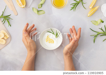 Concept of body and face care cosmetics made at home using organic ingredients aloe, lemon, banana Concept of body and face care cosmetics made at home using organic ingredients aloe, lemon, banana 119910905