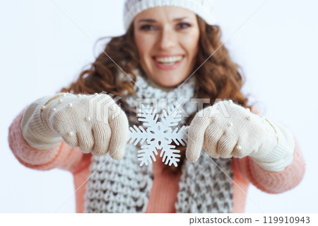 Modern woman in sweater, mittens, hat and scarf on Modern woman in sweater, mittens, hat and scarf on 119910943