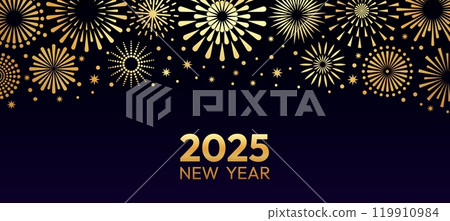 Festive gold fireworks. Happy New Year 2025 banner with holiday fireworks and sparklers. Celebration golden glitter, firecracker explosion for card, posters. Vector banner Festive gold fireworks. Happy New Year 2025 banner with holiday fireworks and sparklers. Celebration golden glitter, firecracker explosion for card, posters. Vector banner 119910984