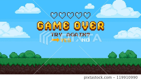 Pixel game over background. Retro 8 bit video games screen with empty hearts. Arcade interface landscape with choice buttons and score information. Vector concept banner 119910990