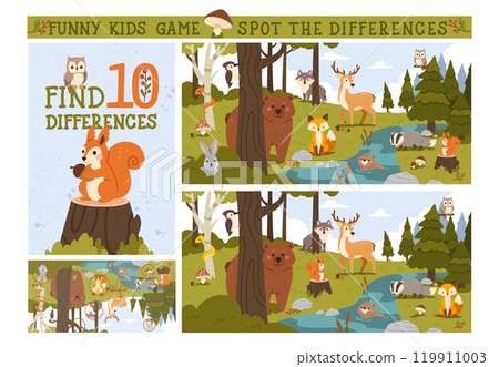 Find differences game. Kids game with forest animal. Funny education game for children. Printable page with puzzle. Autumn woodland scene with animals. Vector concept Find differences game. Kids game with forest animal. Funny education game for children. Printable page with puzzle. Autumn woodland scene with animals. Vector concept 119911003