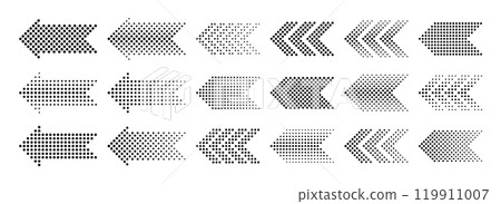 Dotted arrow icons. Halftone pointers, cursors, direction signs, sideways arrows with black dots. Navigation pictograms for infographics and design elements. Vector set 119911007