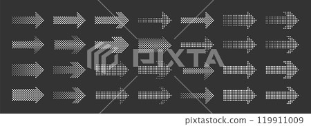 Halftone arrows. Dotted arrow. Direction pointers, simple signs with dots in different shapes. Halftone effect cursors, navigation symbols. Arrow icons vector set 119911009