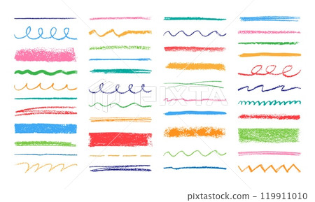 Pencil brush strokes. Grunge crayon texture. Color grungy stain and line. Thick and thin, curly stripes. Wavy paint brushes, pen lines. Hand drawn scribbles vector elements Pencil brush strokes. Grunge crayon texture. Color grungy stain and line. Thick and thin, curly stripes. Wavy paint brushes, pen lines. Hand drawn scribbles vector elements 119911010