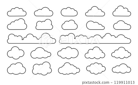 Line cloud. Simple sky outline clouds. Abstract comic cloudy different shapes. Puffy, fluffy and cumulus cloudscape icons. Childish weather black strokes vector elements set Line cloud. Simple sky outline clouds. Abstract comic cloudy different shapes. Puffy, fluffy and cumulus cloudscape icons. Childish weather black strokes vector elements set 119911013