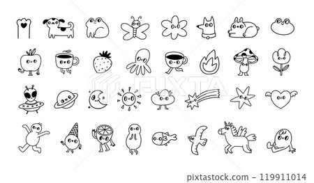 Cute funky characters. 70s groovy sketch hippie line icons. Abstract doddle little tattoo. Simple linear style dog, flower, coffee cup, unicorn for social media. Vector set Cute funky characters. 70s groovy sketch hippie line icons. Abstract doddle little tattoo. Simple linear style dog, flower, coffee cup, unicorn for social media. Vector set 119911014
