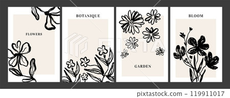 Ink brush flowers posters. Simple ink stroke botanique poster with flower and branches. Garden floral elements for cards, home interior decor. Black flower silhouette vector background 119911017