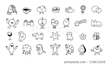 Cute doodle. Abstract sketch little tattoo. Simple kid line illustration. Hand drawn decorative black funny characters for branding, prints, stickers. Vector set Cute doodle. Abstract sketch little tattoo. Simple kid line illustration. Hand drawn decorative black funny characters for branding, prints, stickers. Vector set 119911020
