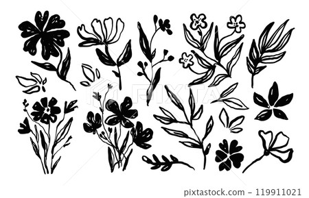Ink brush flower. Sketch paint floral composition with leaves, flowers, blossom, branches for invitations card, posters decor. Monochrome botanical vector elements 119911021