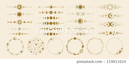 Celestial dividers. Decorative sun and moon border. Magic text decor divider and frame with astrology mystical stars, moon phase, shining sun. Fantasy vector elements 119911024