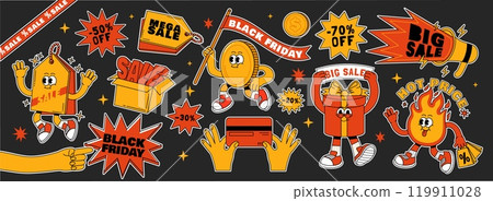 Retro sale shopping stickers. Black Friday characters. Vintage promotion, advertising, social media design. Funky groovy marketing visuals mascot vector patches 119911028