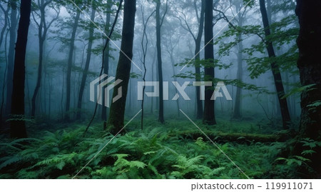 A mystical autumn forest shrouded in morning fog 119911071