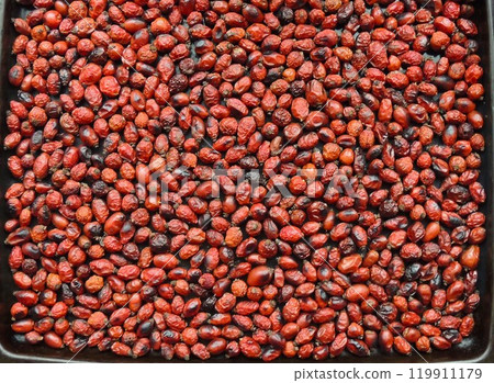 red dried rose hips top view, lying on an iron black tray, as a preparation of a dry natural ingredient for brewing a healthy vitamin drink with a high content of ferrum red dried rose hips top view, lying on an iron black tray, as a preparation of a dry natural ingredient for brewing a healthy vitamin drink with a high content of ferrum 119911179