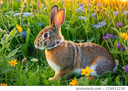 Rabbit on the lawn with flowers at sunset. 119911230
