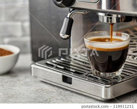 coffee extraction from professional coffee machine with bottomless filter. 119911231