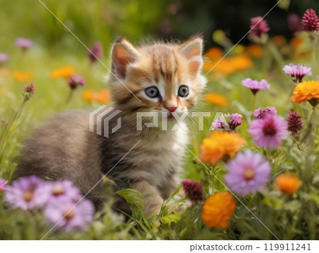 Little kitten resting in a meadow with flowers. 119911241