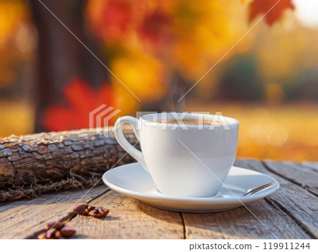 Autumn leaves and a hot steaming cup of coffee. A wooden table and a cup of coffee by the window against the backdrop of an autumn forest. Autumn season, free time, coffee break, September, October 119911244