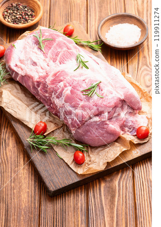 Neck of raw pork meat . Top view 119911274