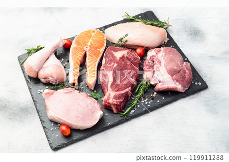 Mix of raw meat and fish . Salmon , beef , pork , chicken staek . Top view 119911288