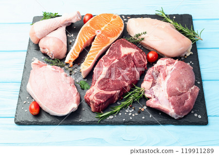 Mix of raw meat and fish . Salmon , beef , pork , chicken staek . Top view Mix of raw meat and fish . Salmon , beef , pork , chicken staek . Top view 119911289