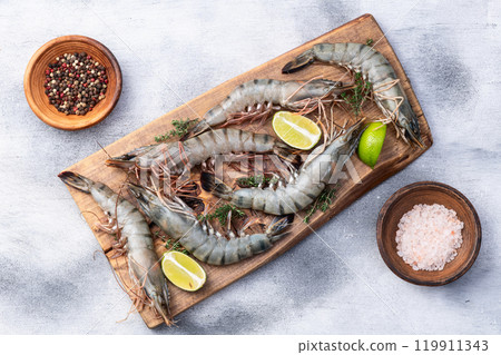 Raw big tiger ( king ) shrimps photography . Top view 119911343